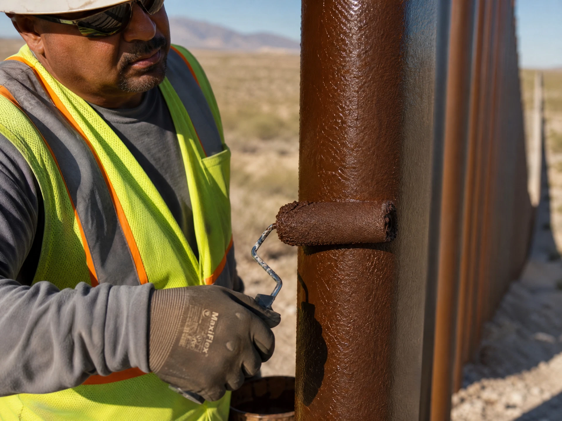 Close-up of a painter rolling protective coating onto a steel border fence post