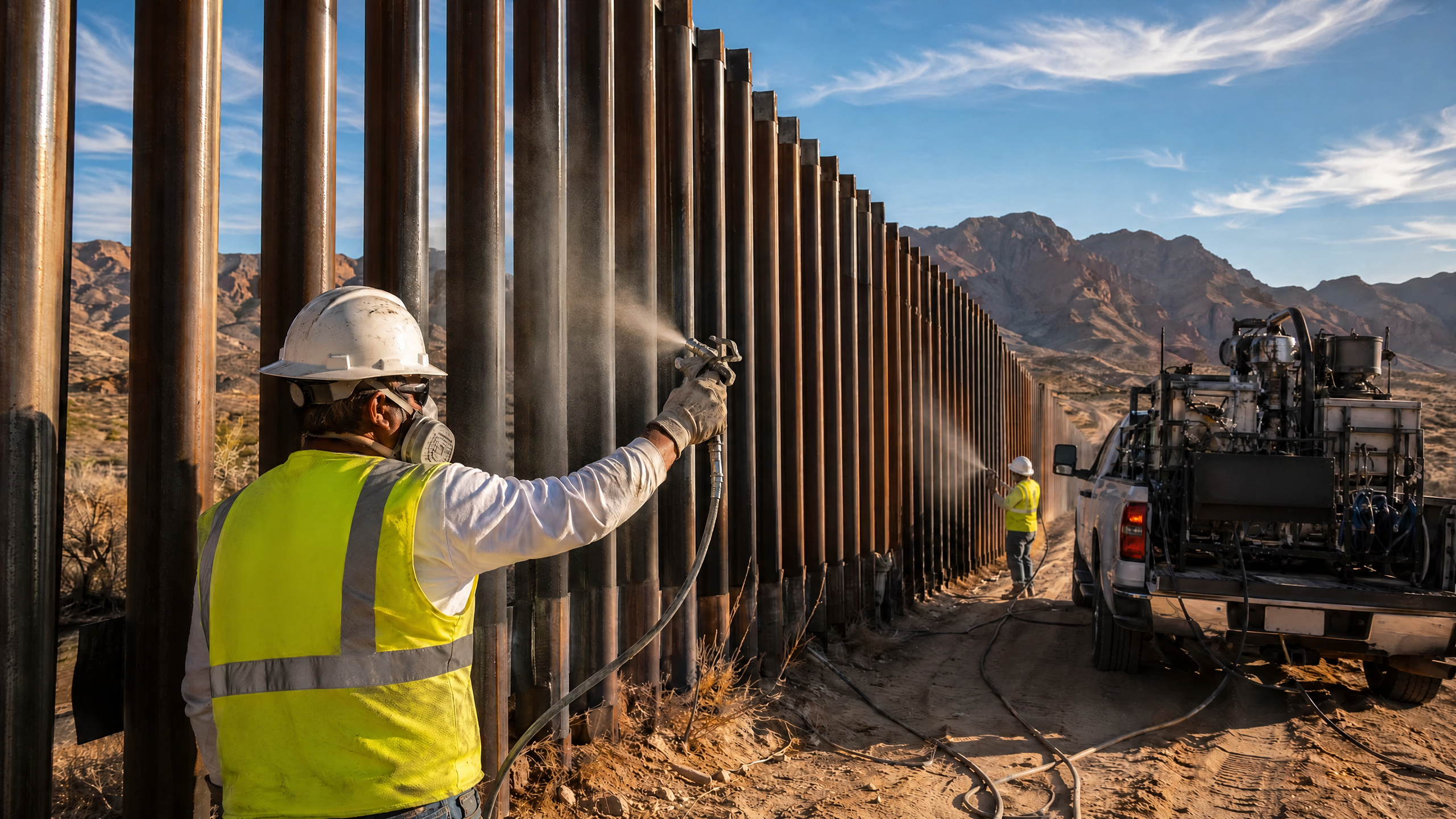 Hawk Premier crew spray painting the steel U.S.–Mexico border fence near Antelope Wells, New Mexico
