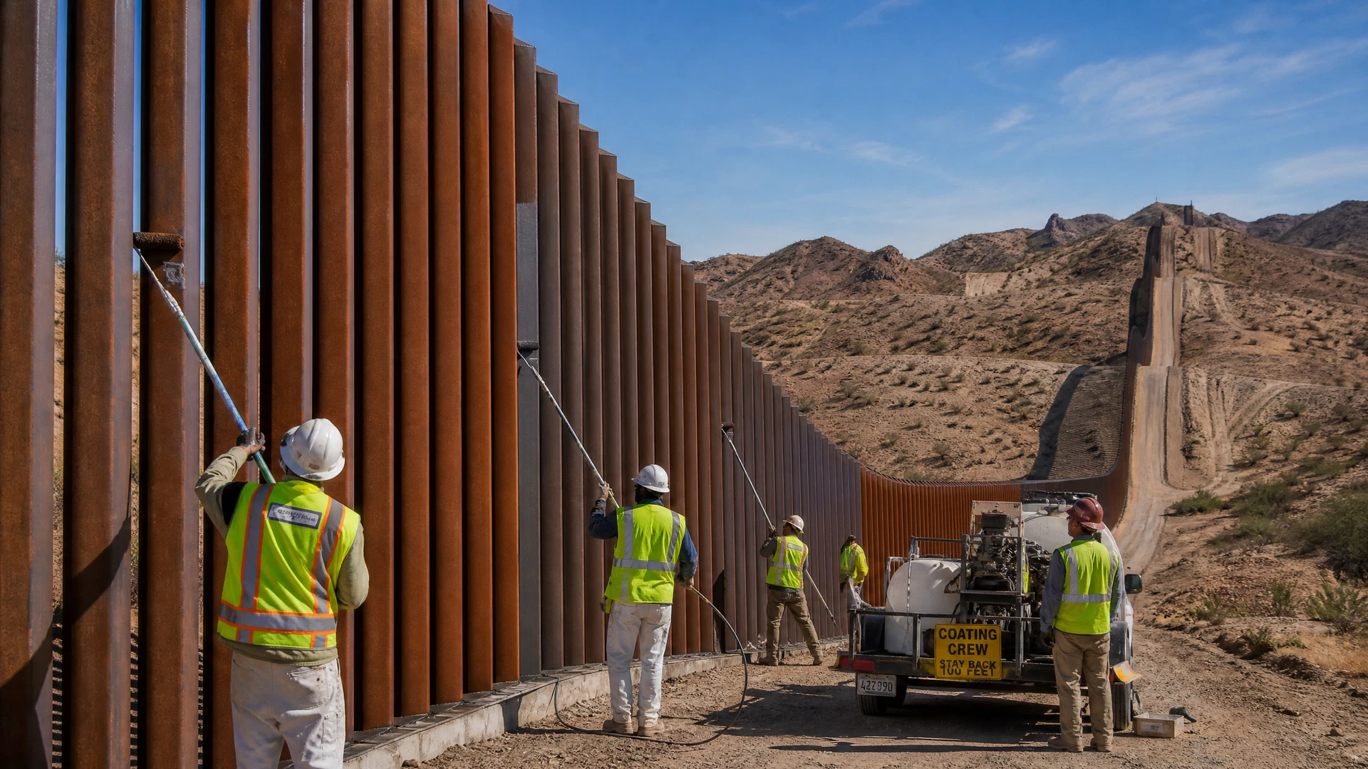 Crew coating tall steel bollard border fencing across the desert borderlands